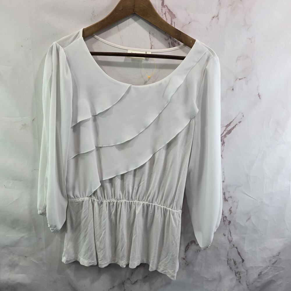 Anthropologie Shirt Womens Small White Blouse Slit Sleeve Flowy Tiered Deletta